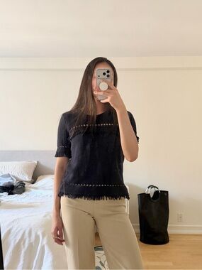 J. Crew Navy Blue Fringe Crochet Top Size XS